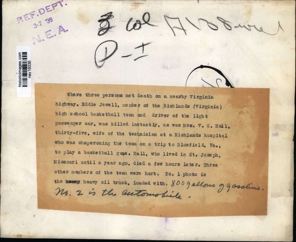 1939 Press Photo Eddie Jewell & Mrs VC Hall Killed in Automobile Accident