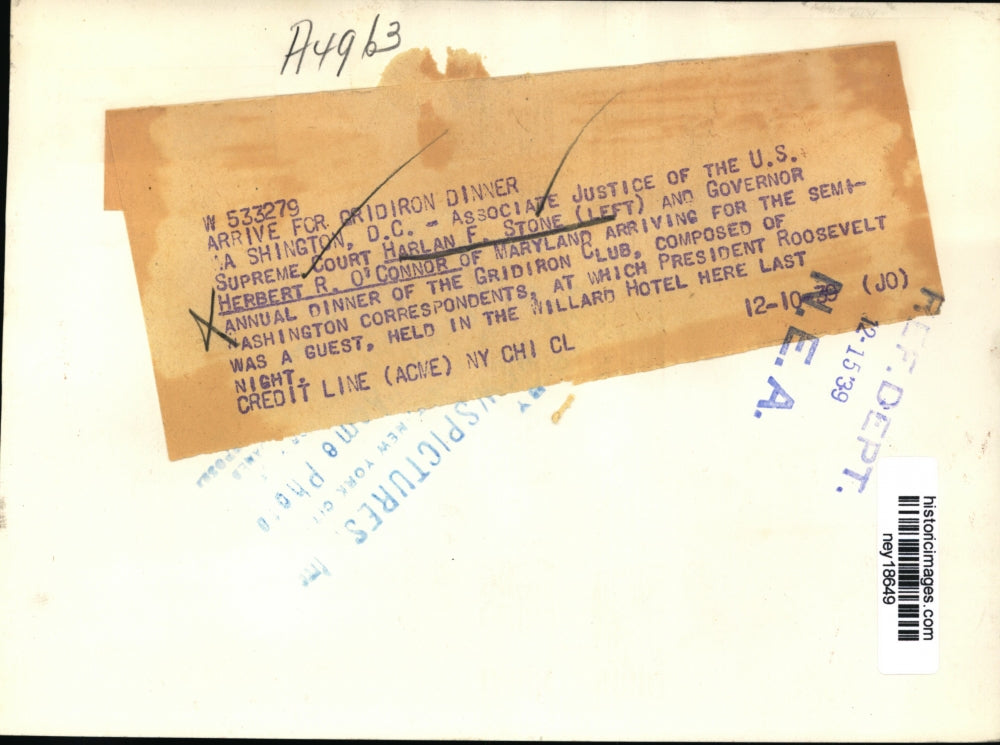 1939 Press Photo Judge Harlan F. Stone & Herbert R. O'Conner at Gridiron Dinner