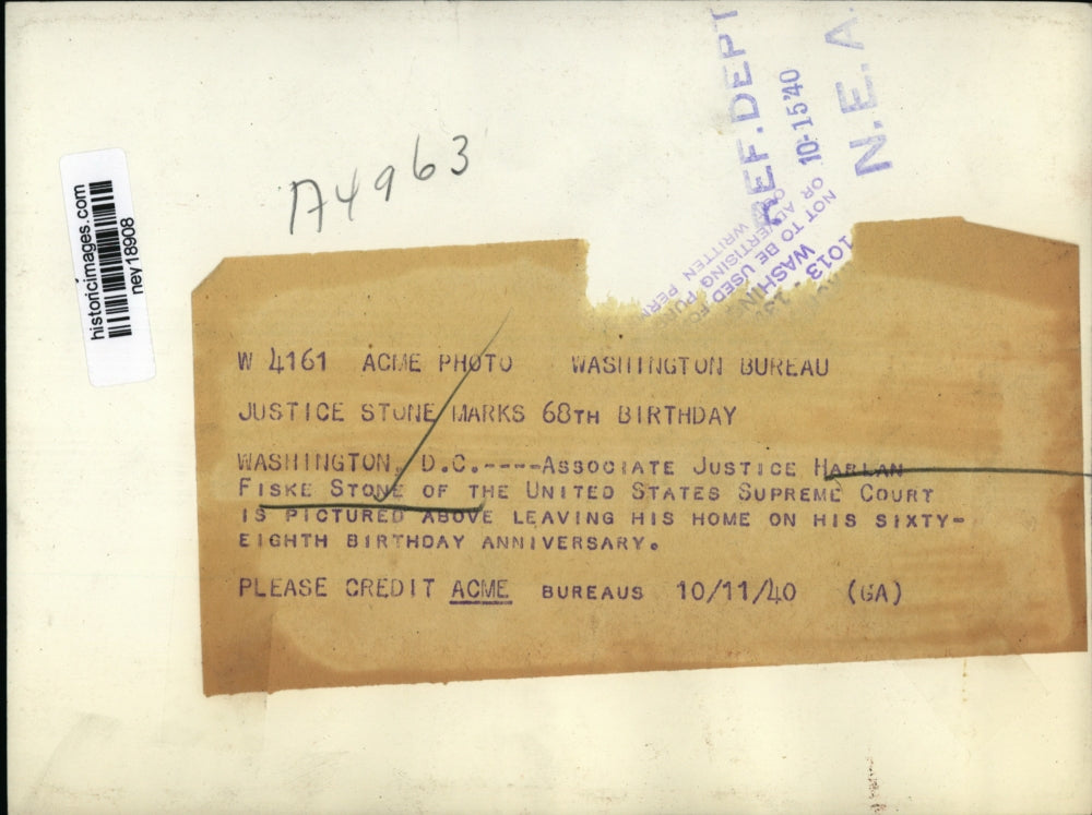 1940 Press Photo Harlan Stone of US Supreme Court Leaves Home on 68th Birthday