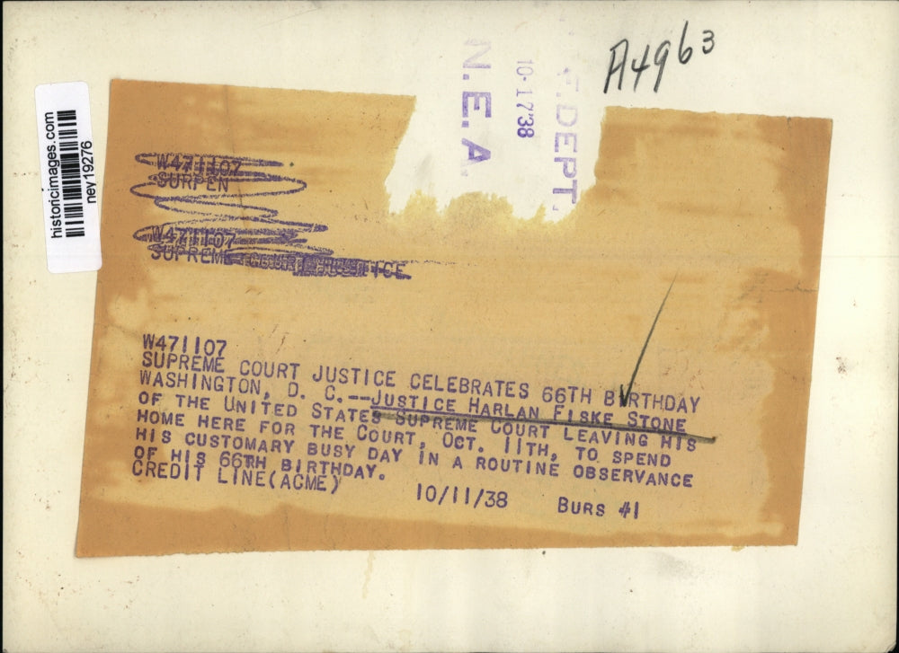 1938 Press Photo U.S. Supreme Court Justice Harlan F. Stone on 66th Birthday