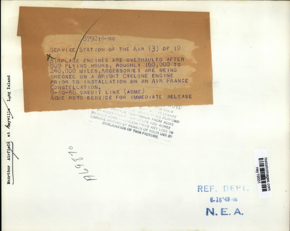 1948 Press Photo Airplane Engines Overhauled at McArthur Airfield, Long Island