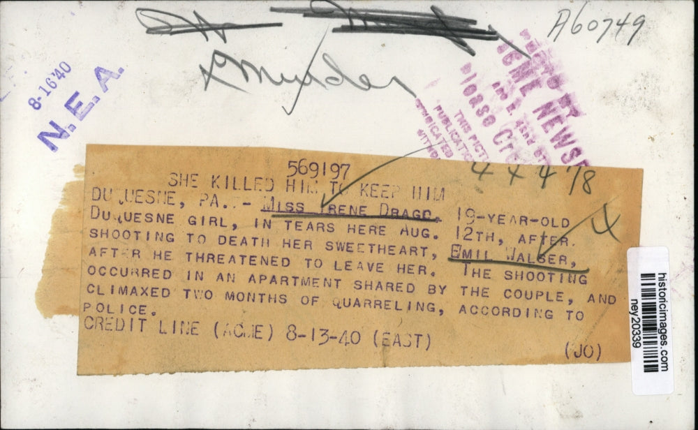 1940 Press Photo Irene Drago of Duquesne after Shooting Boyfriend Emil Walser