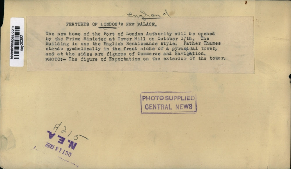 1922 Press Photo Port of London Authority Palace Architecture - ney20382