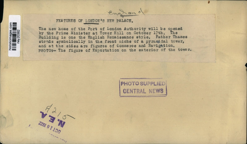 Load image into Gallery viewer, 1922 Press Photo Port of London Authority Palace Architecture - ney20382
