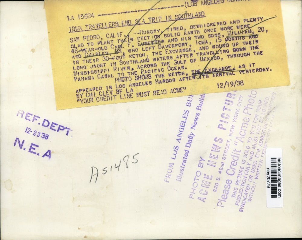 1938 Press Photo Ketch Ship "The Exchange" of Iowa Travellers to Los Angeles