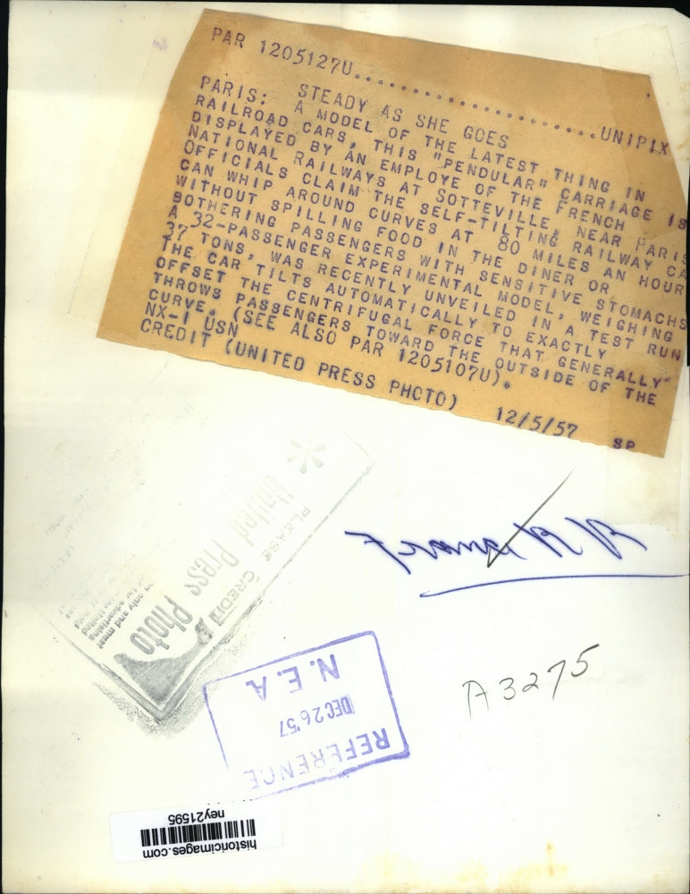 1957 Press Photo Model "Pendular" Railroad Train Carriage Car, France