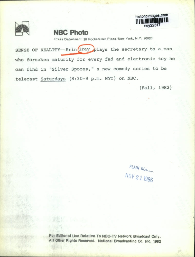 1986 Press Photo Actress Erin Gray in "Silver Spoons" Comedy on NBC - ney22317