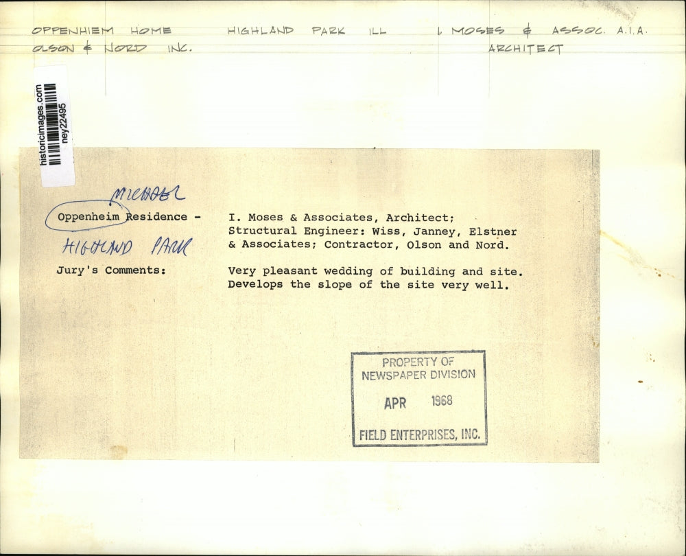 1968 Press Photo Oppenheim House in Highland Park, Illinois - ney22495