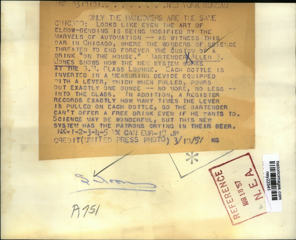 1957 Press Photo Bartender Allen B. Jones Demonstrating Shot Lever Dispensers