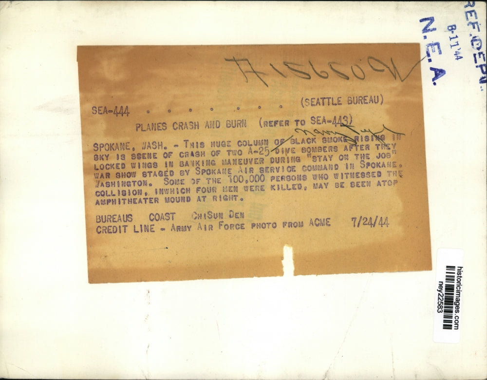 1944 Press Photo smoke from crash between of 2 A-25 Dive Bombers during war show