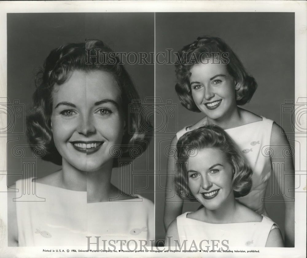 1957 Press Photo Volkman twins match their best profiles with scissors and glue