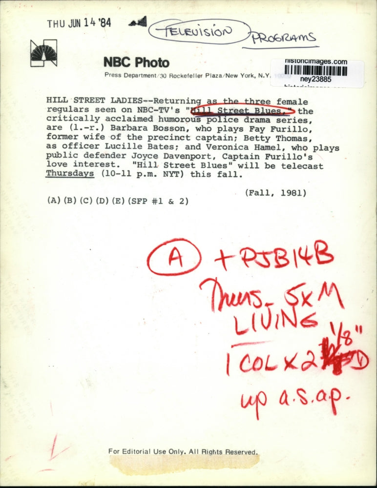 1984 Press Photo Bosson, Thomas, Hamel return to "Hill Street Blues" - ney23885