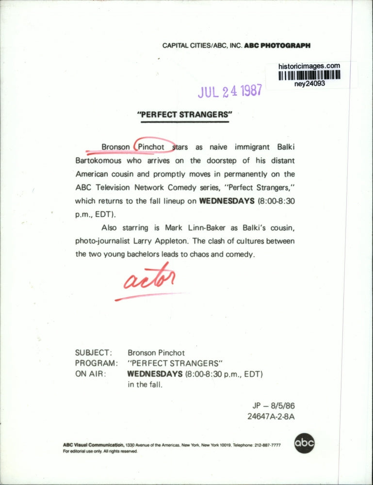 1986 Press Photo Actor Bronson Pinchot in Perfect Strangers - ney24093