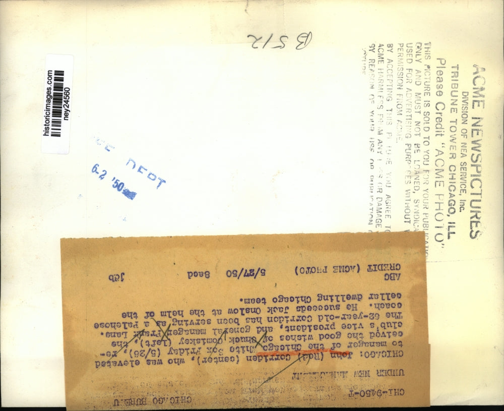 1950 Press Photo John "Red" Corriden, Chuck Comiskey, Frank Lane of White Sox