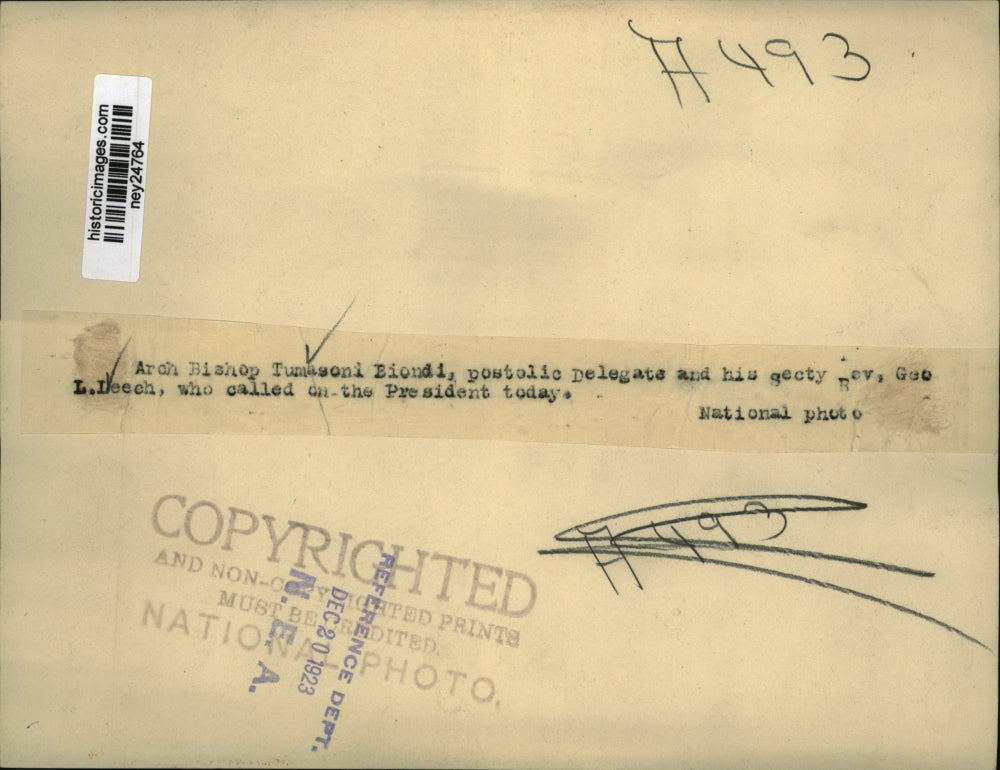 1923 Press Photo Archbishop Tumasoni Biondi & Sec Reverand Leech Visit President