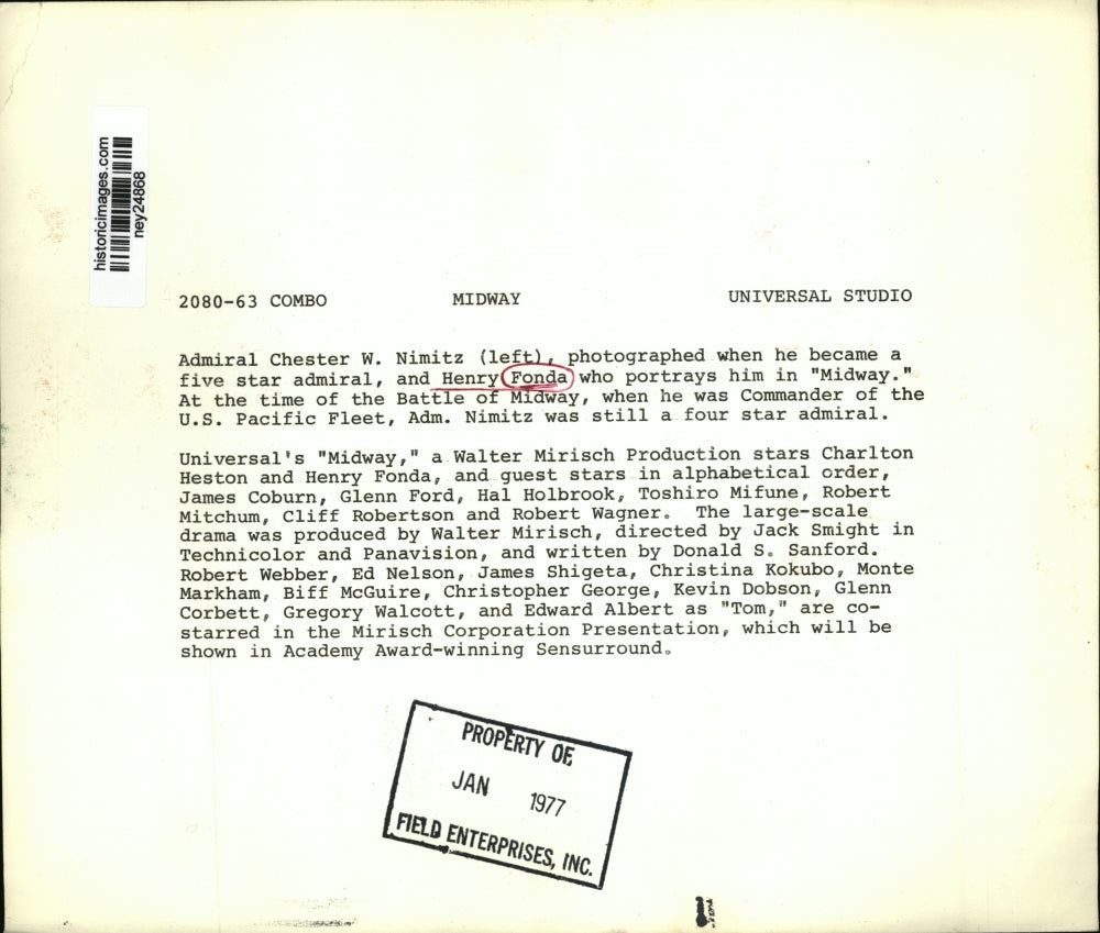 1977 Press Photo Henry Fonda Protrays Admiral Chester W Nimitz in "Midway"