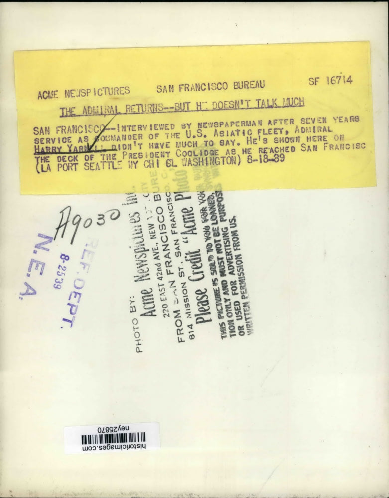 1939 Press Photo Harry Yarnell Interviewed After 7 Years of Service as Commander