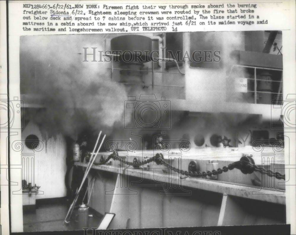 1961 Press Photo Firemen Fight Fire on Freighter Sidonia in New York - ney26389