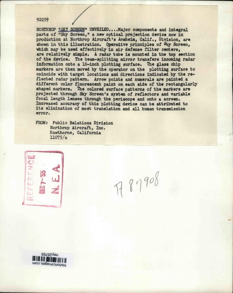 1955 Press Photo Northrop Sky Screen Unveiled Optical Projection Device