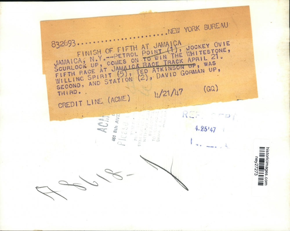 1947 Press Photo Ovie Scurlock wins Whitestone 5th race at Jamaica Race Track