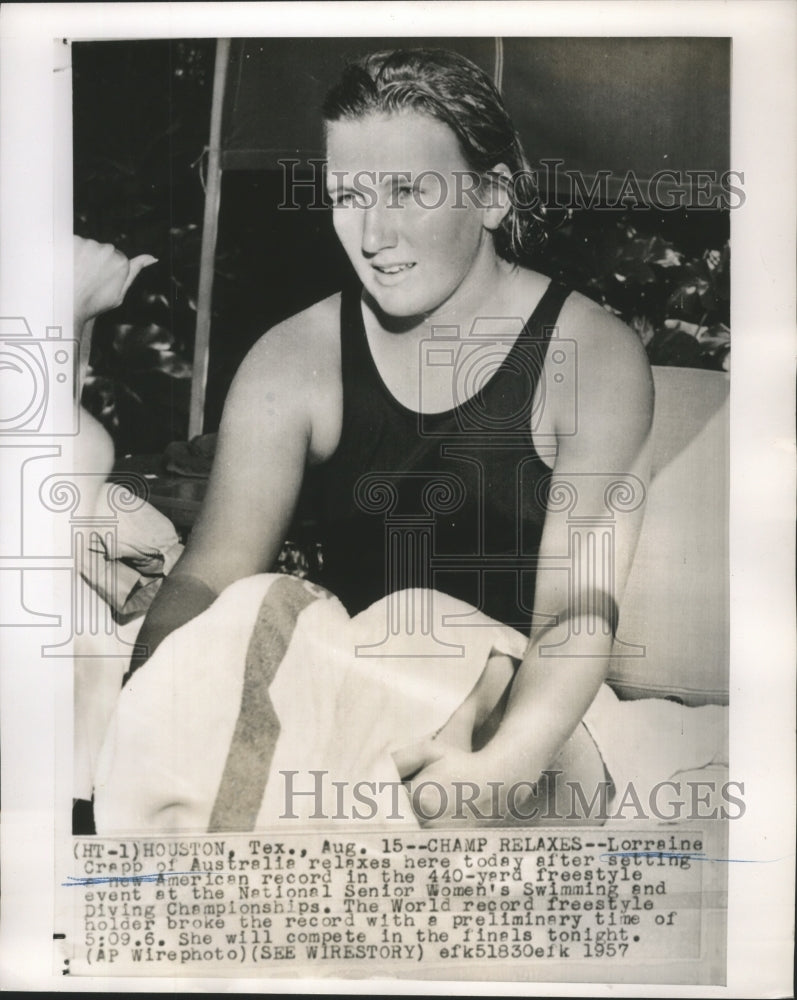 1957 Press Photo Lorraine Crapp relaxing after setting American record- Historic Images