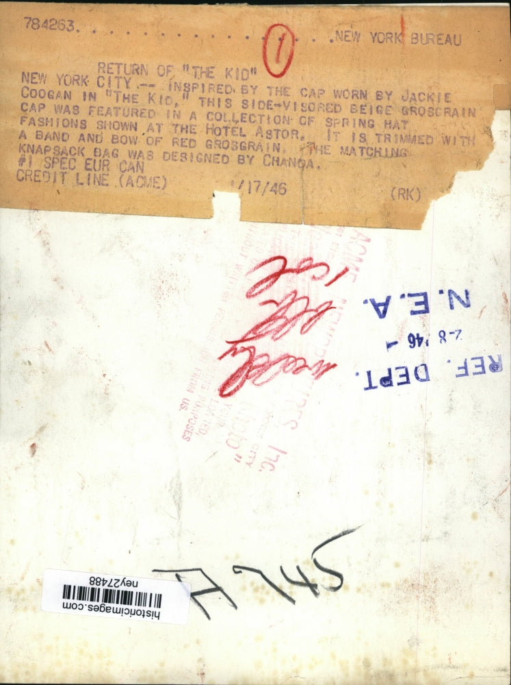 1946 Press Photo Side Visored Cap Inspired by Actress Jackie Coogan - ney27488