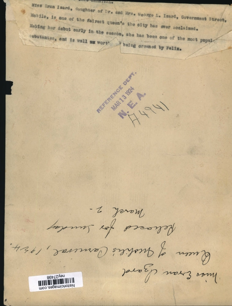 1924 Press Photo Miss Eren Izard, Debutante Queen of Mobile's Carnival