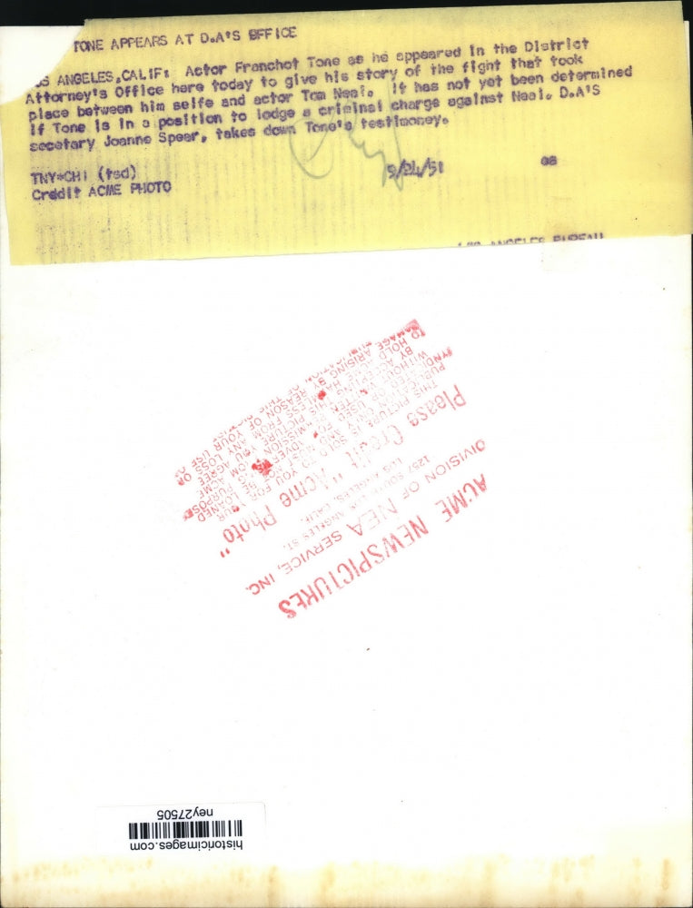 1951 Press Photo Actor Franchot Tone Appears in District Attorney's Office