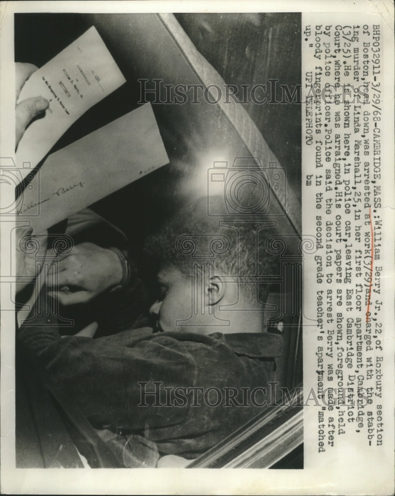 1968 Press Photo William Berry Jr. Arrested for Stabbing Murder - ney27667