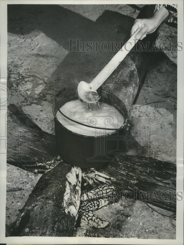 Load image into Gallery viewer, 1962 Press Photo Burning Logs and Bubbling Stew in Backyard Kitchen - ney27668
