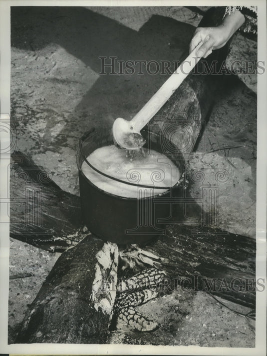 1962 Press Photo Burning Logs and Bubbling Stew in Backyard Kitchen - ney27668