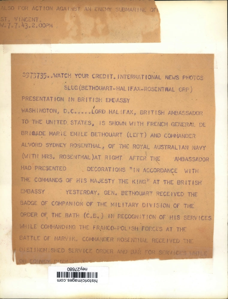 1943 Press Photo Lord Halifax with French General Bethouart, Commander Rosenthal