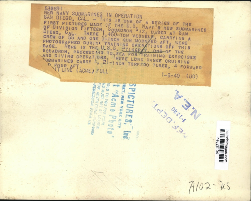 1940 Press Photo U.S.S. Stingray proceeding to sea for training exercises