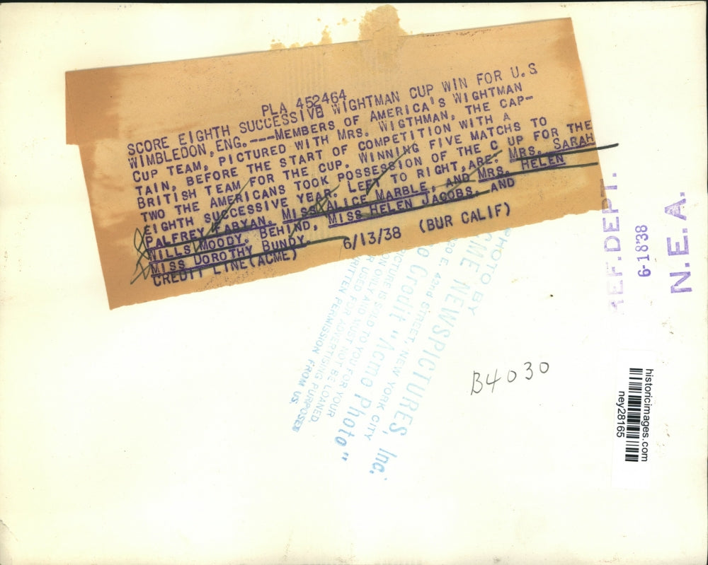 1938 Press Photo Wightman Cup Tennis Team Score Eight Successive Win for America