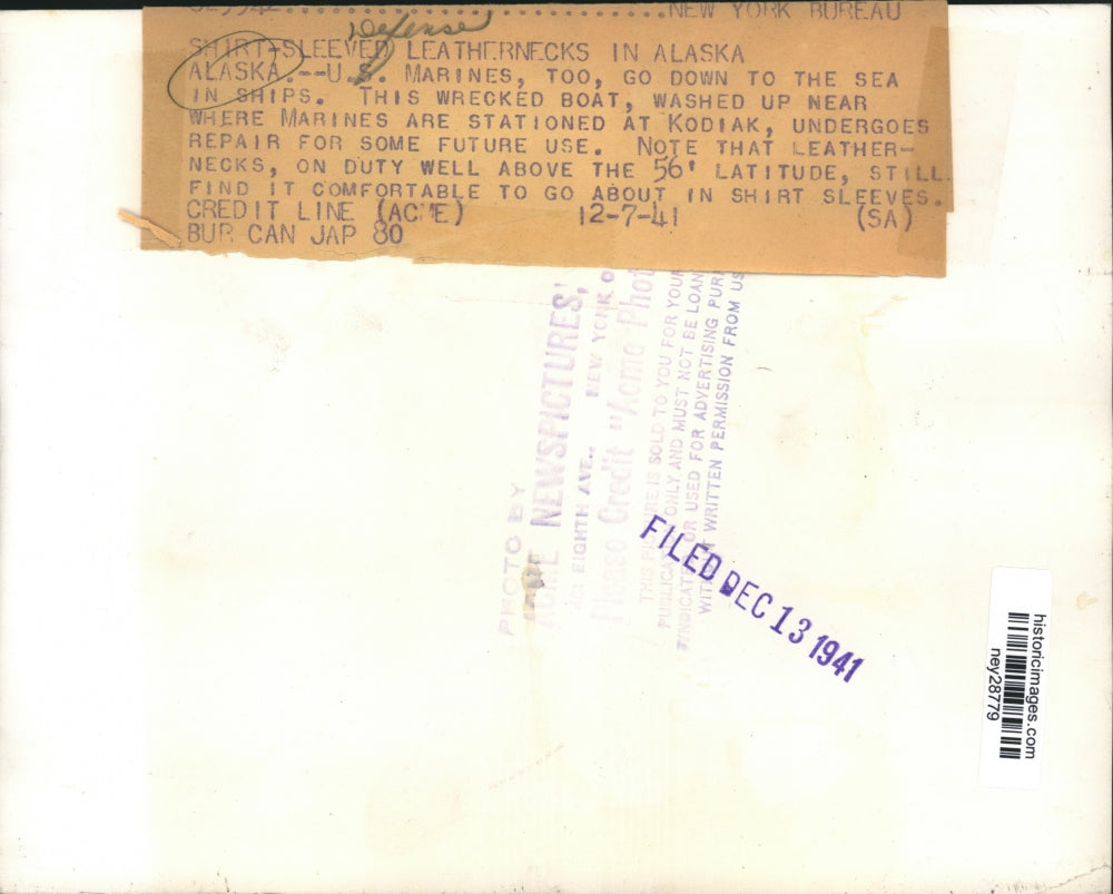 1941 Press Photo US Marines with Wrecked Boat in Kodiak, Alaska - ney28779