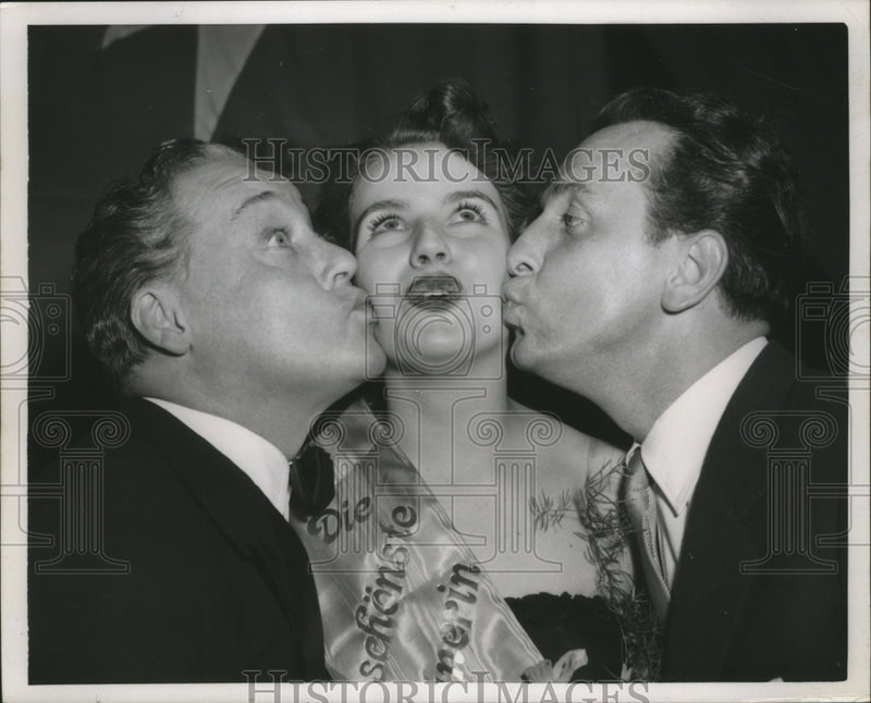 Load image into Gallery viewer, 1952 Press Photo Helga Grosskurth Elected Miss Berlin Kissed by German Actors
