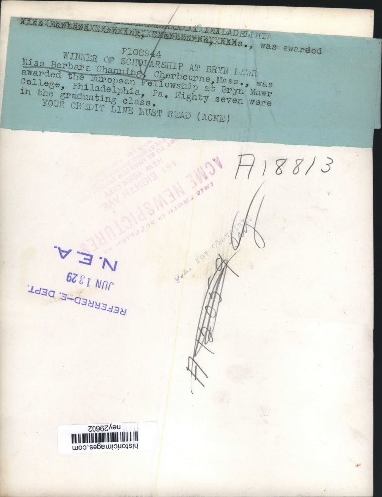 1929 Press Photo Barbara Channing Awarded European Fellowship at Bryn Mawr