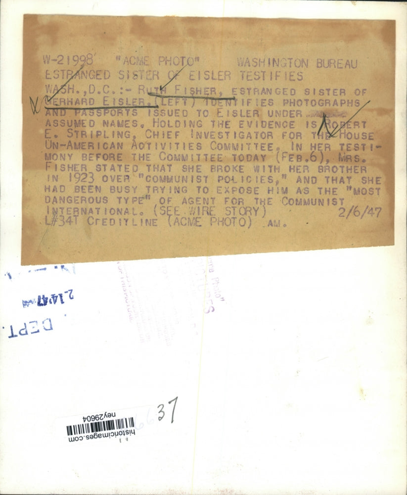 1947 Press Photo Ruth Fisher Testifies in Gerhard Eisler House Committee Trial