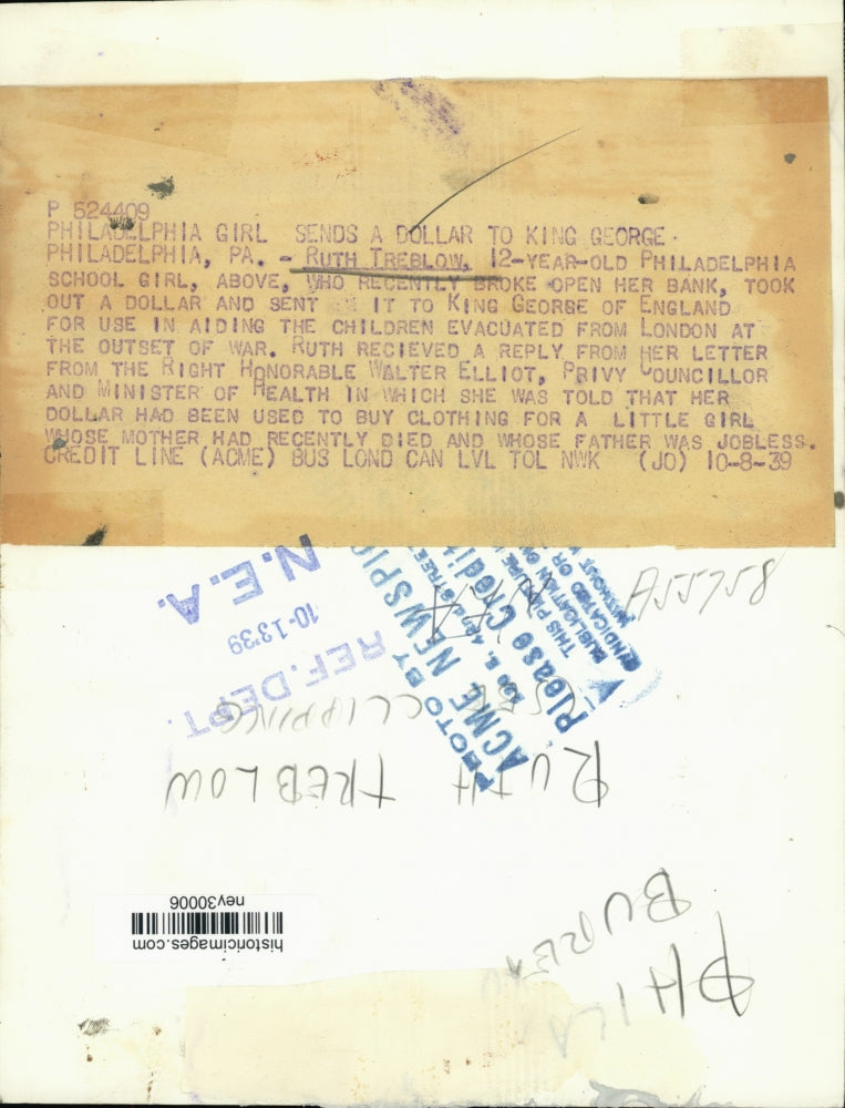 1939 Press Photo Ruth Treblow Sends Dollar to King George of England - ney30006