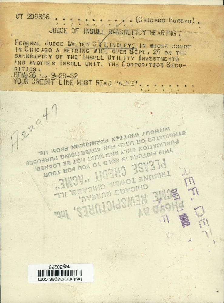 1932 Press Photo Judge Walter Lindley to Oversee Hearing of Insull Unitility