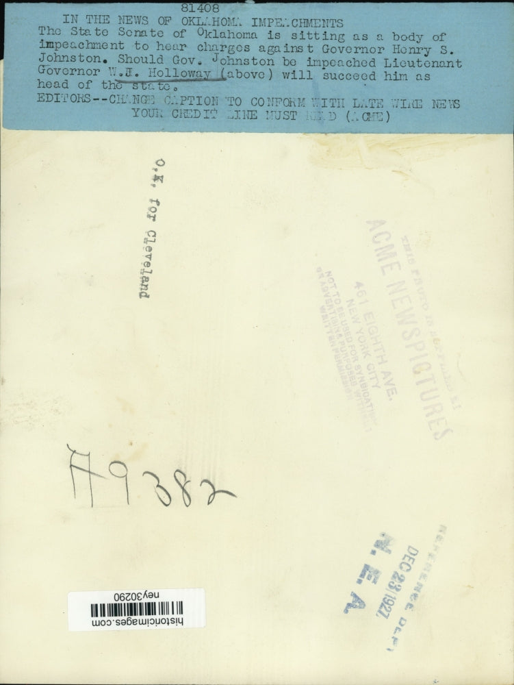 1927 Press Photo Should Gov Henry Johnston Be Impeached Lt W J Holloway Steps In