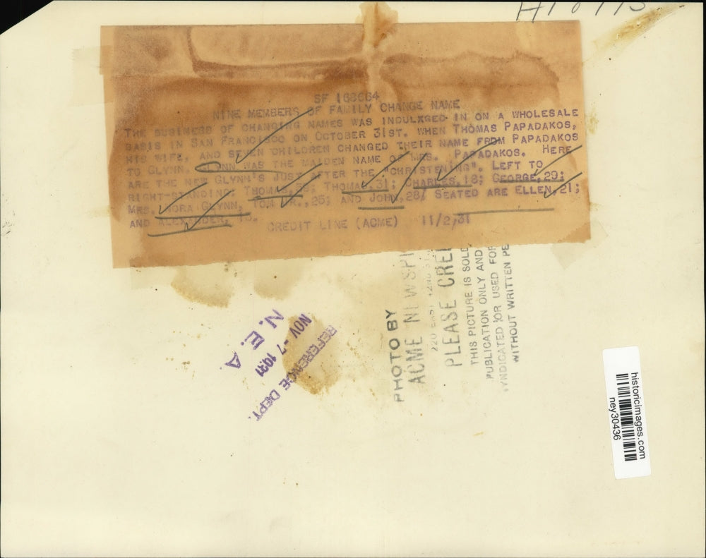 1931 Press Photo Papadakos Family of San Francisco Changes Name to Glynn