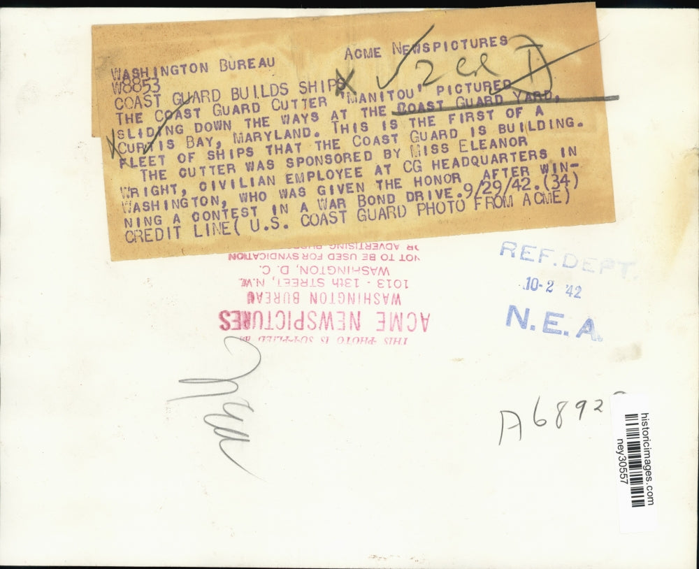 1942 Press Photo Coast Guard Cutter Manitou Launched at Curtis Bay, Maryland