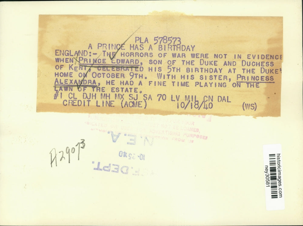 1940 Press Photo Prince Edward Celebrates Birthday with Princess Alexandra