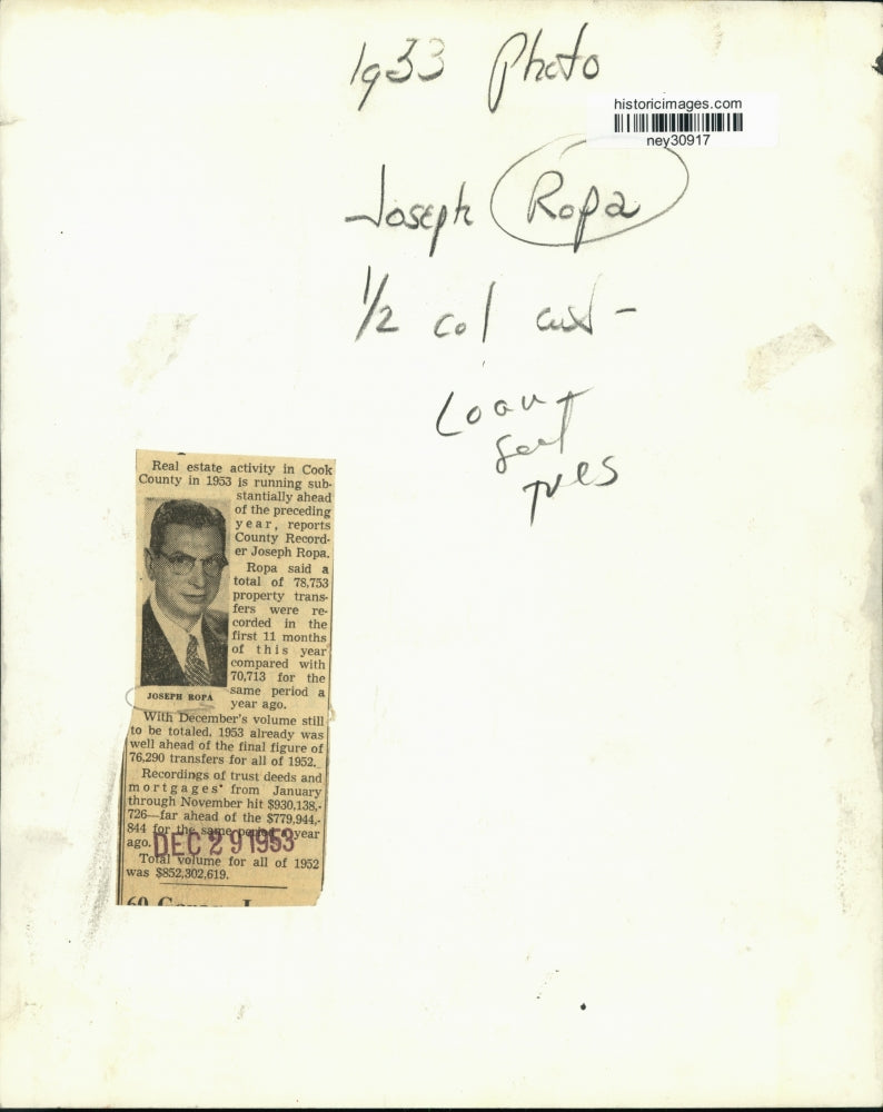 1953 Press Photo County Recorder Joseph Ropa reports record real estate activity