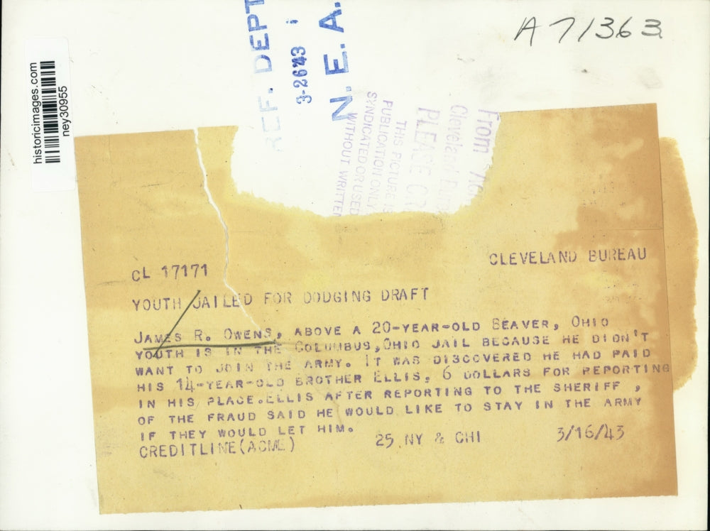 1943 Press Photo James R Owens Pays Brother $6 to Report in His Place at Army