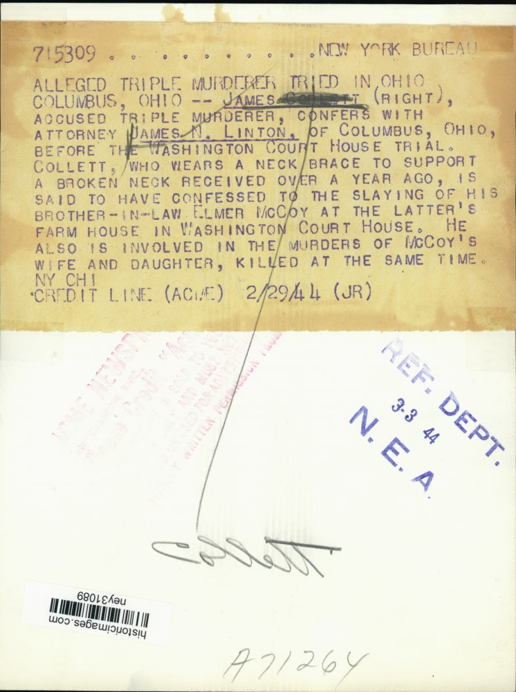 1944 Press Photo Accused Murderer James Collett confers with Attorney J Linton