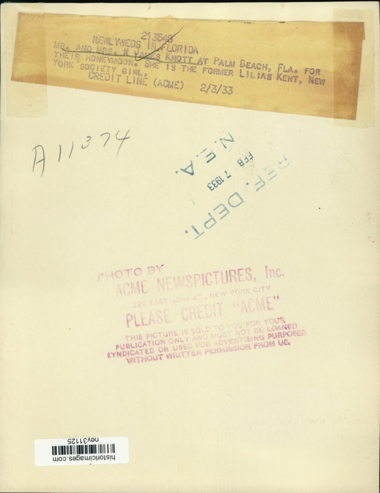 1933 Press Photo Mr & Mrs K James Knott in Palm Beach for their honeymoon