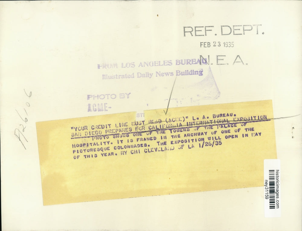 1935 Press Photo One of the Towers of the Palace of Hospitality in San Diego