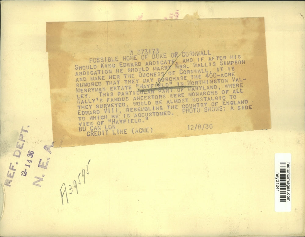 1936 Press Photo Merryman Estate "Hayfield" Is Possible Home Duke Of Cornwall